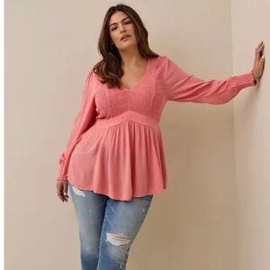 NWT Torrid Pink Crinkle Gauze Babydoll Smocked Blouse Top size 1X